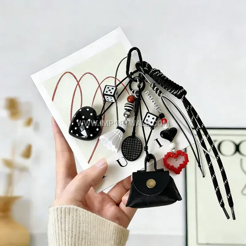 Woven Leather Heart and Badminton Coin Purse Keychain Charm