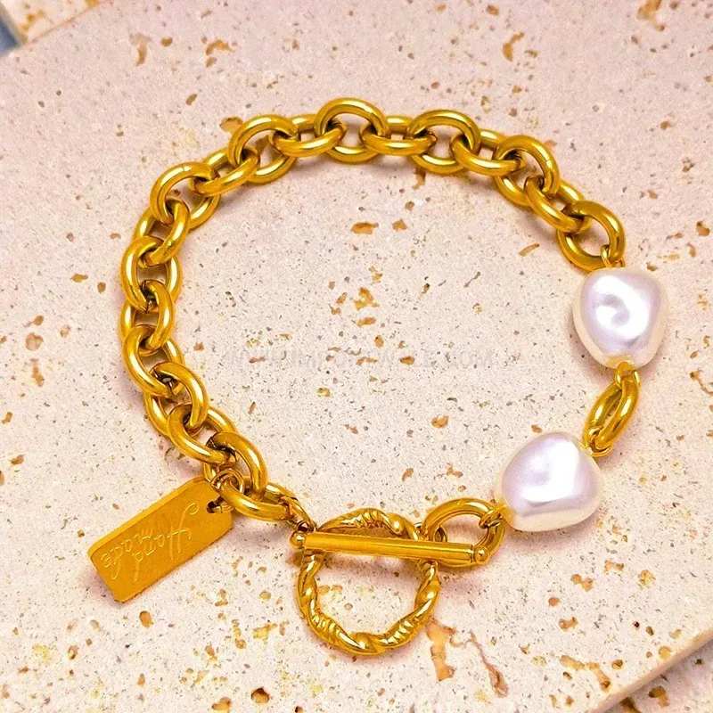 Trendy Double Freshwater Pearl 18K Gold Plated Stainless Steel Bracelet