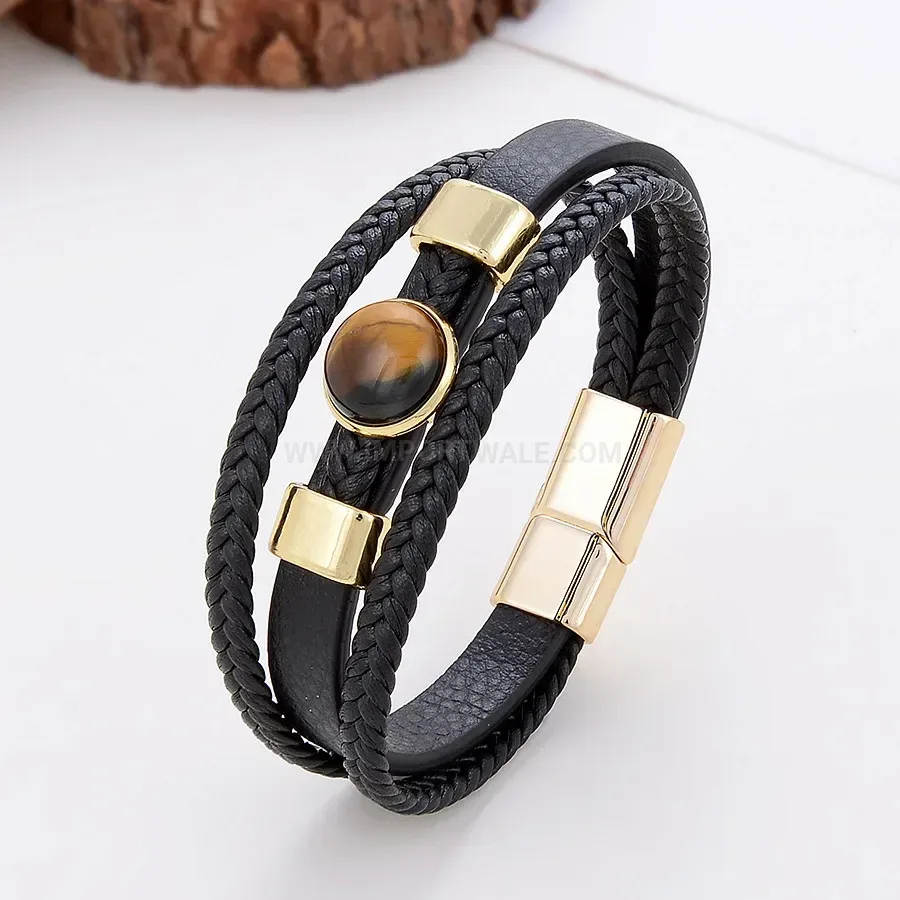 Multi-Strand Woven Leather Wristband with Stone Details and Stainless Clasp