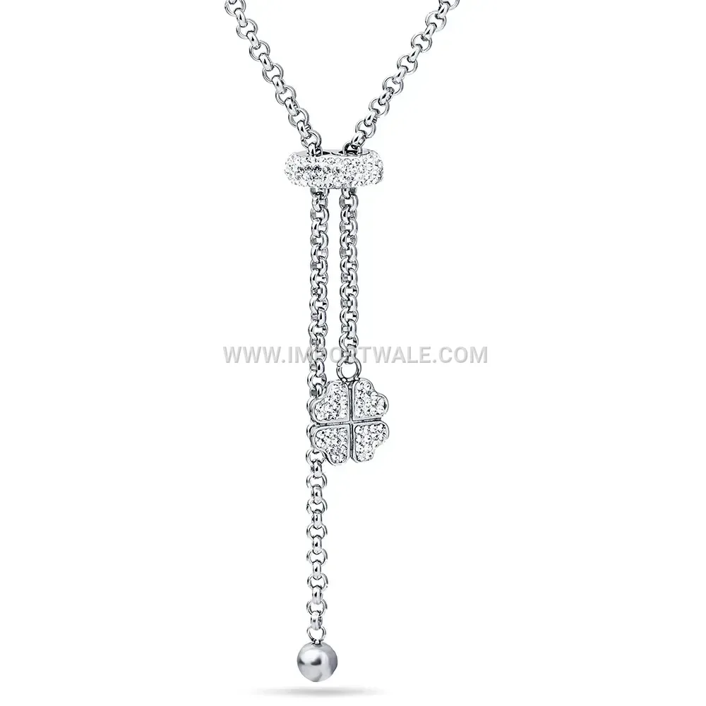 Silver Tone Stainless Steel Rhinestone Heart Clover Long Necklace