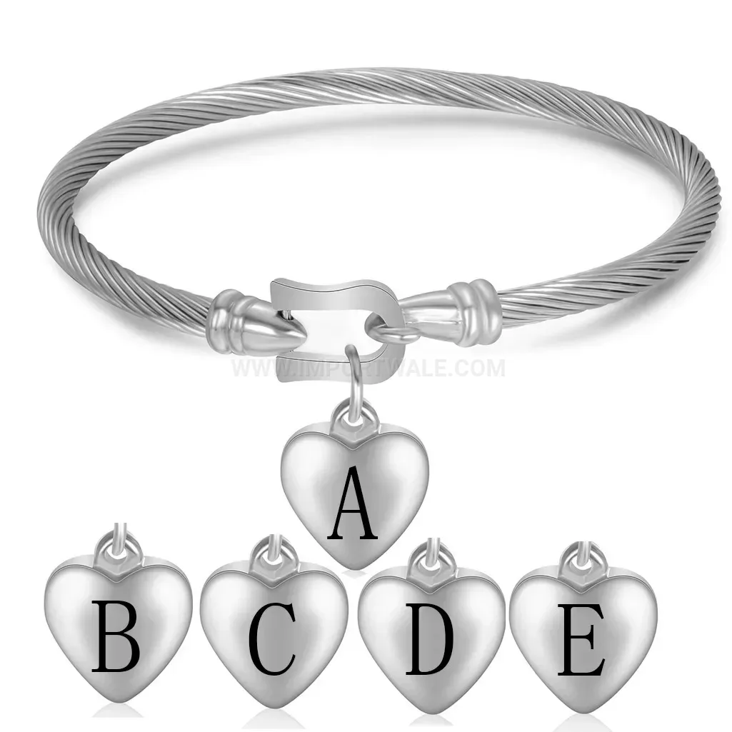 Elegant Horseshoe Heart Initial Stainless Steel Bangle Bracelet