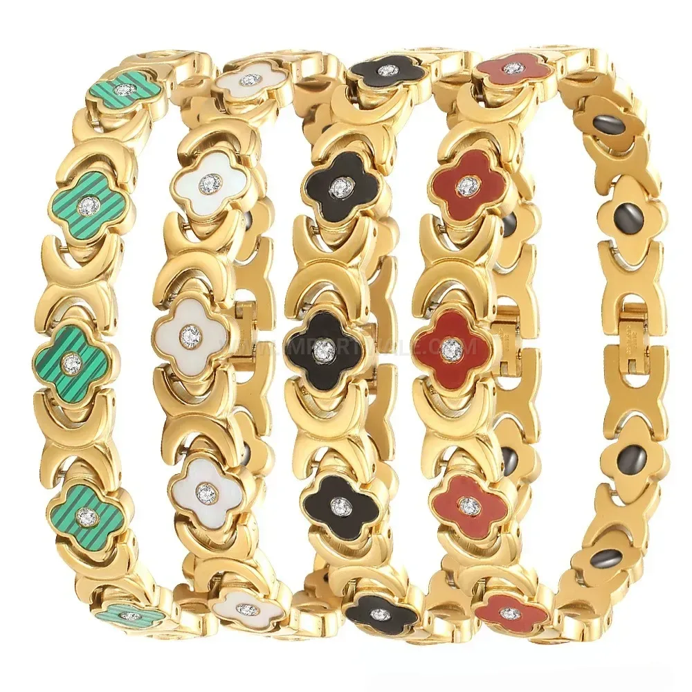 Titanium Steel Four-Leaf Clover Shell Inlaid Bio Magnetic Bracelet