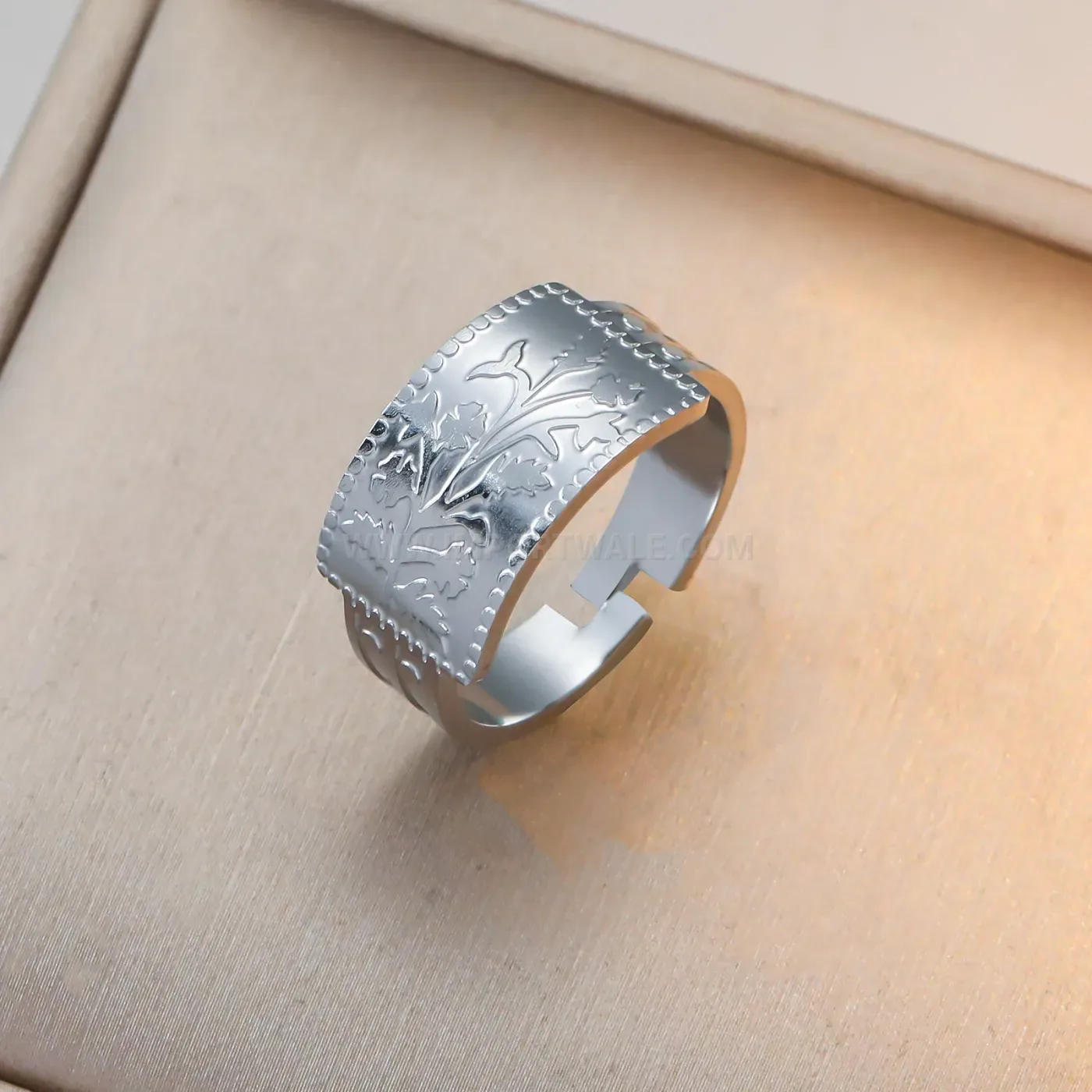 Designer Bohemian Floral Embossed Open Cuff Stainless Steel Ring