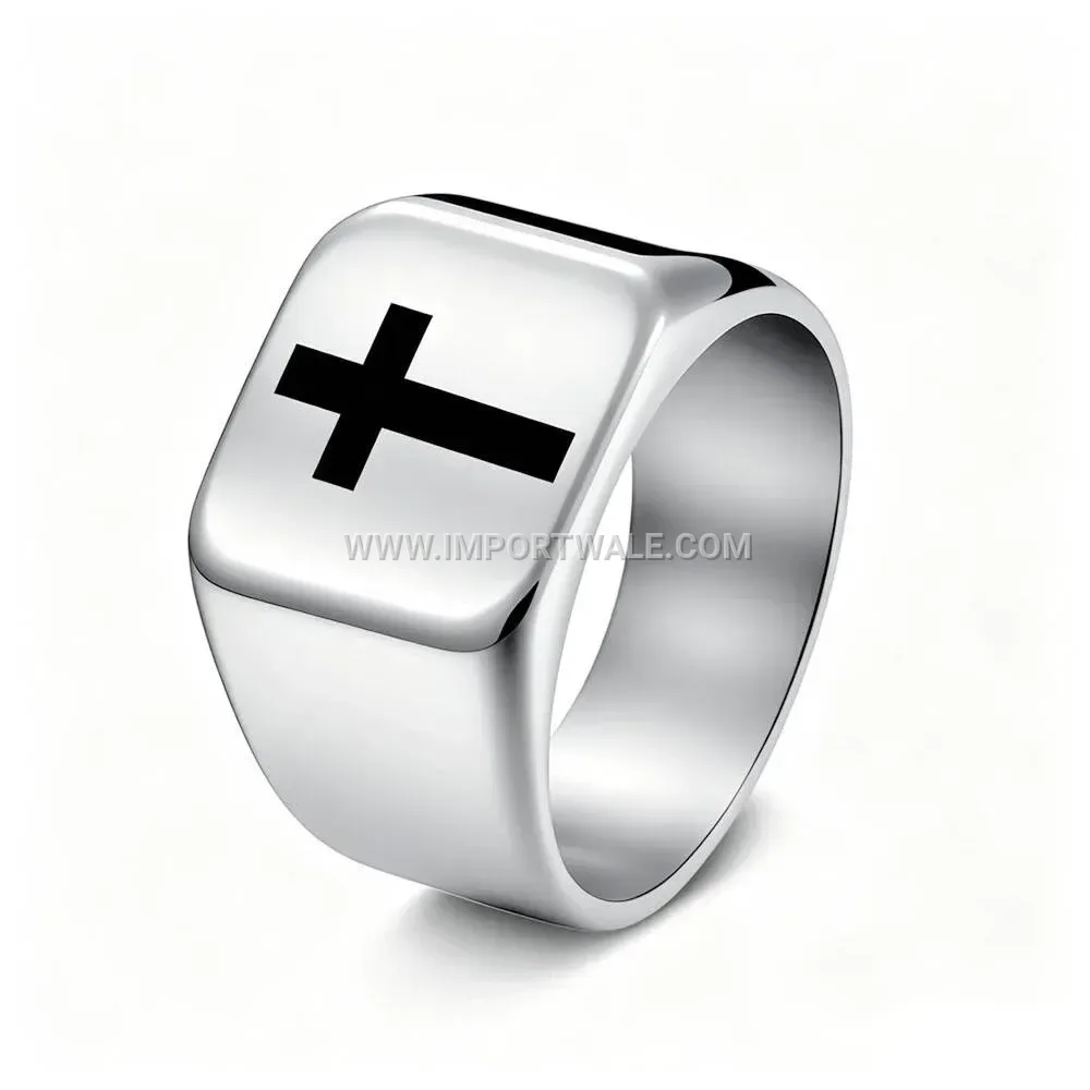 Engraved Cross Square Signet Ring in Stainless Steel