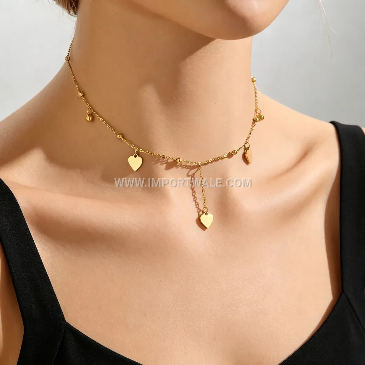 Stainless Steel Gold Tone Heart Tassel Anklet and Necklace Set