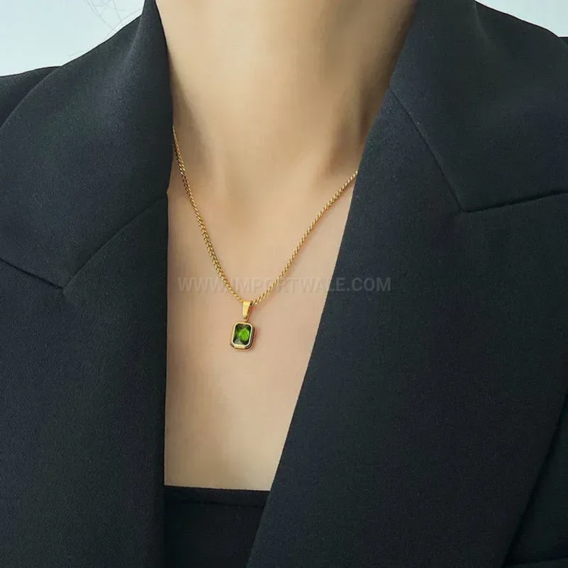 Designer Minimalist Titanium Steel Emerald Pendant Necklace