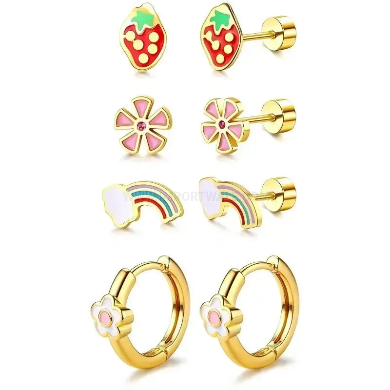 Bold Playful Gold Floral Strawberry Rainbow Stainless Steel Stud Earring Set