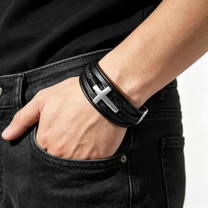 Stylish Multi Strand Leather Cross Bracelet with Magnetic Clasp