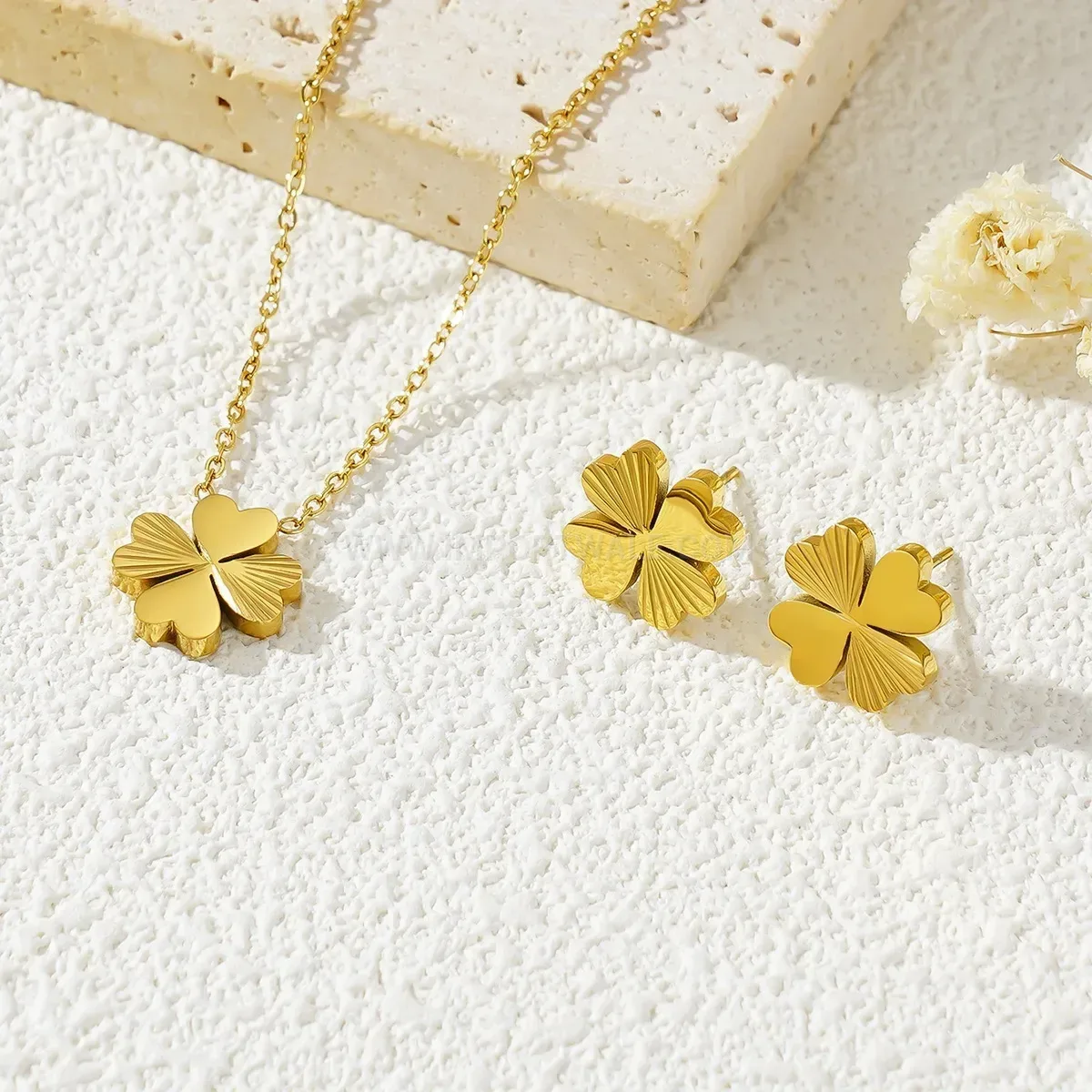 Trendy Titanium Steel Four-Leaf Clover Necklace and Earrings Set