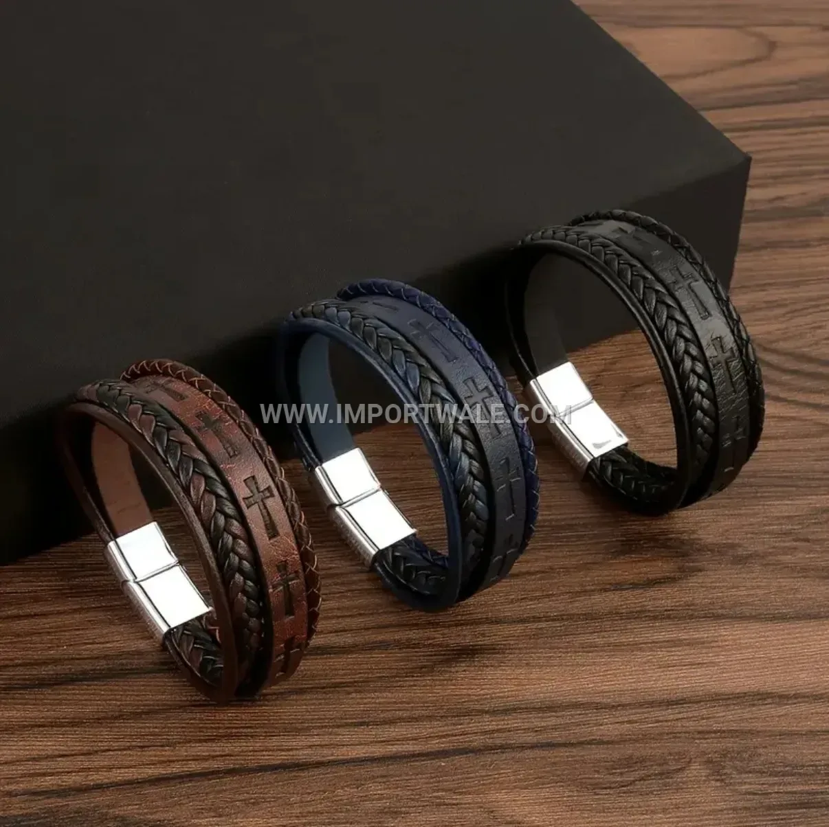 Cross Print Braided Leather Wristband With Metallic Magnetic Clasp