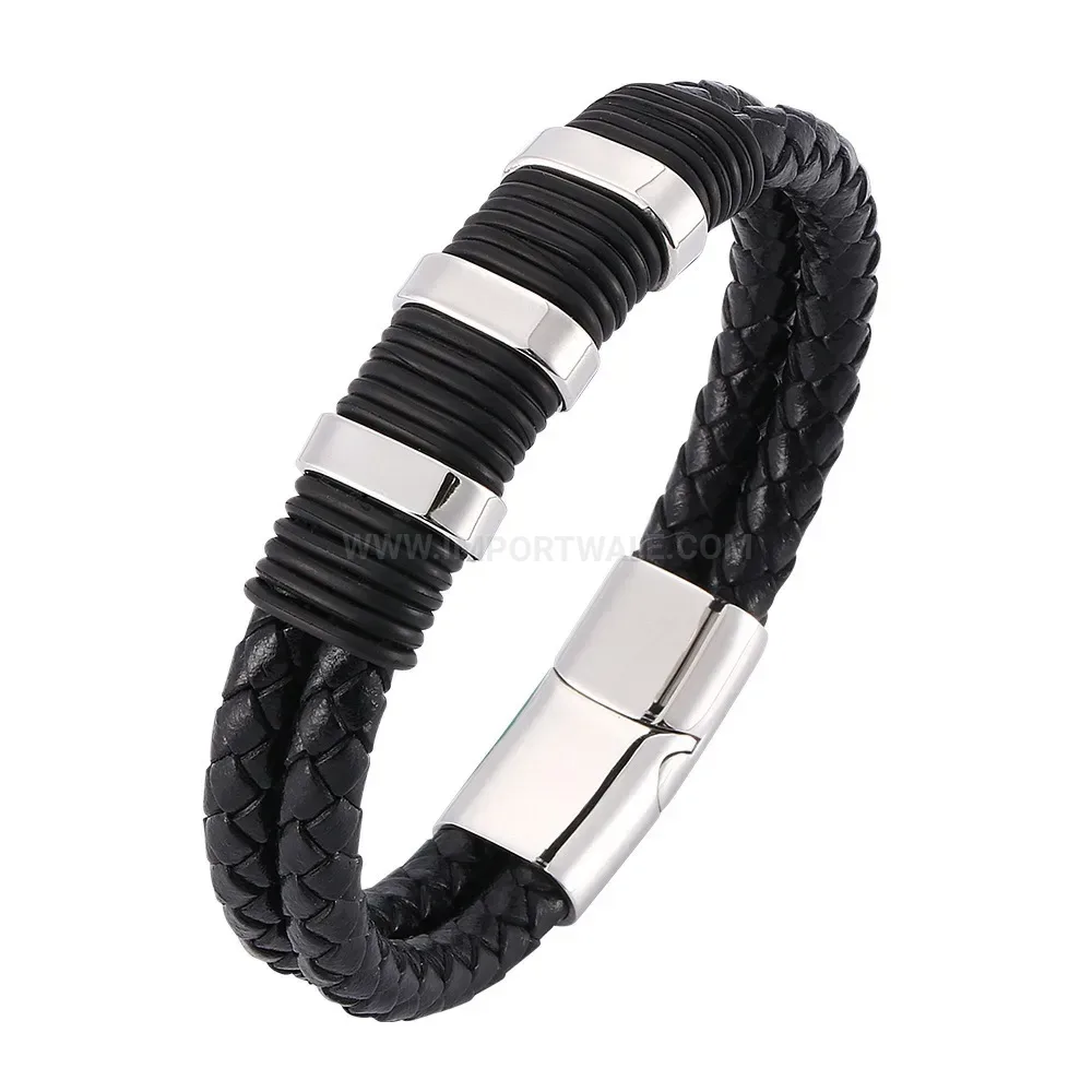 Trendy Engravable Stainless Steel Plate Black Leather Braided Couple Bracelet