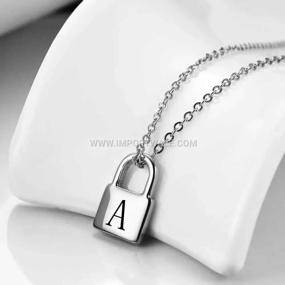 Engraved Initial Padlock Stainless Steel Pendant Necklace