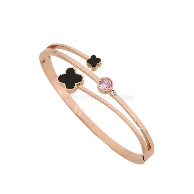 Classic Clover Flower Titanium Steel Crystal Hinged Bangle