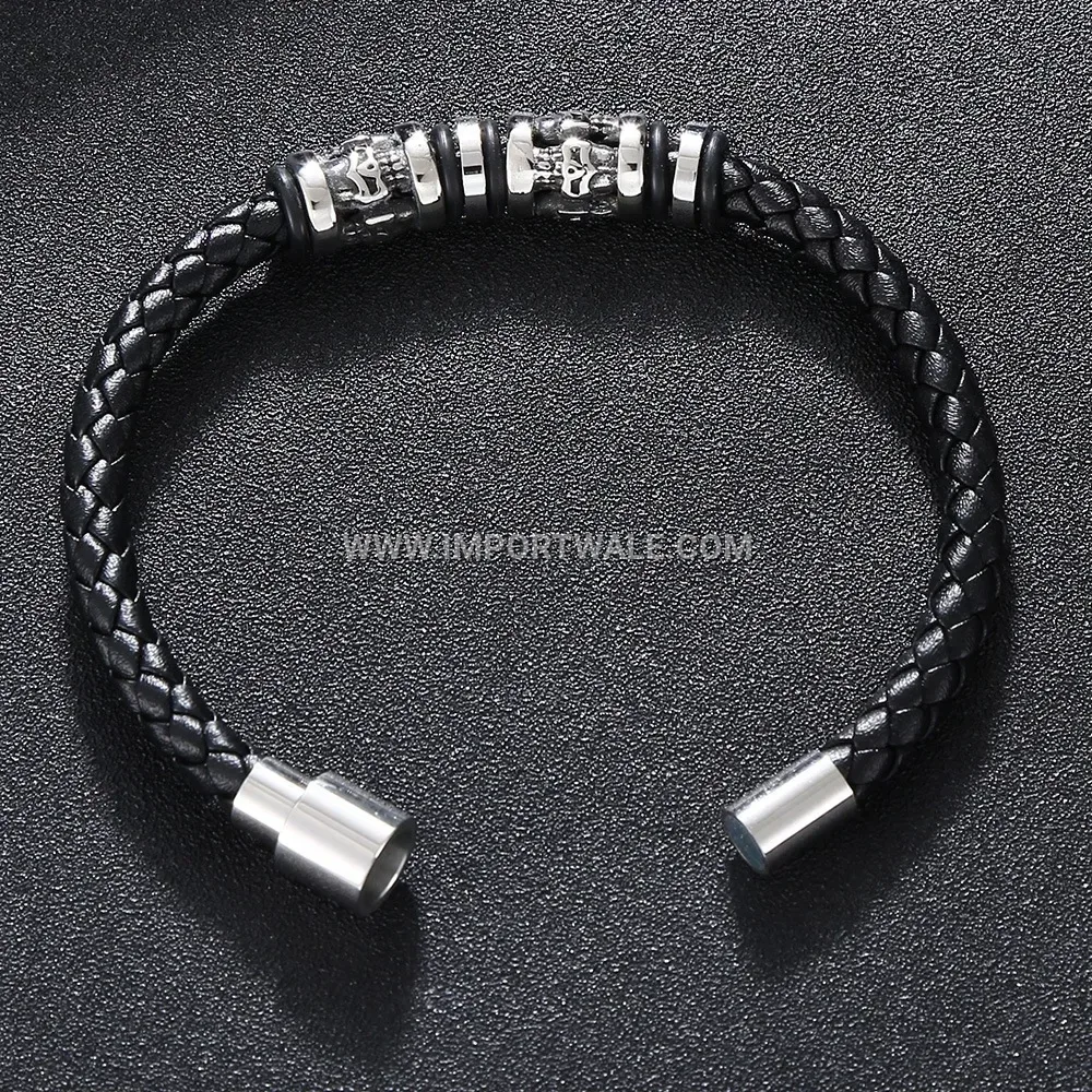 Edgy Skull Accent Leather and Stainless Steel Magnetic Clasp Bracelet