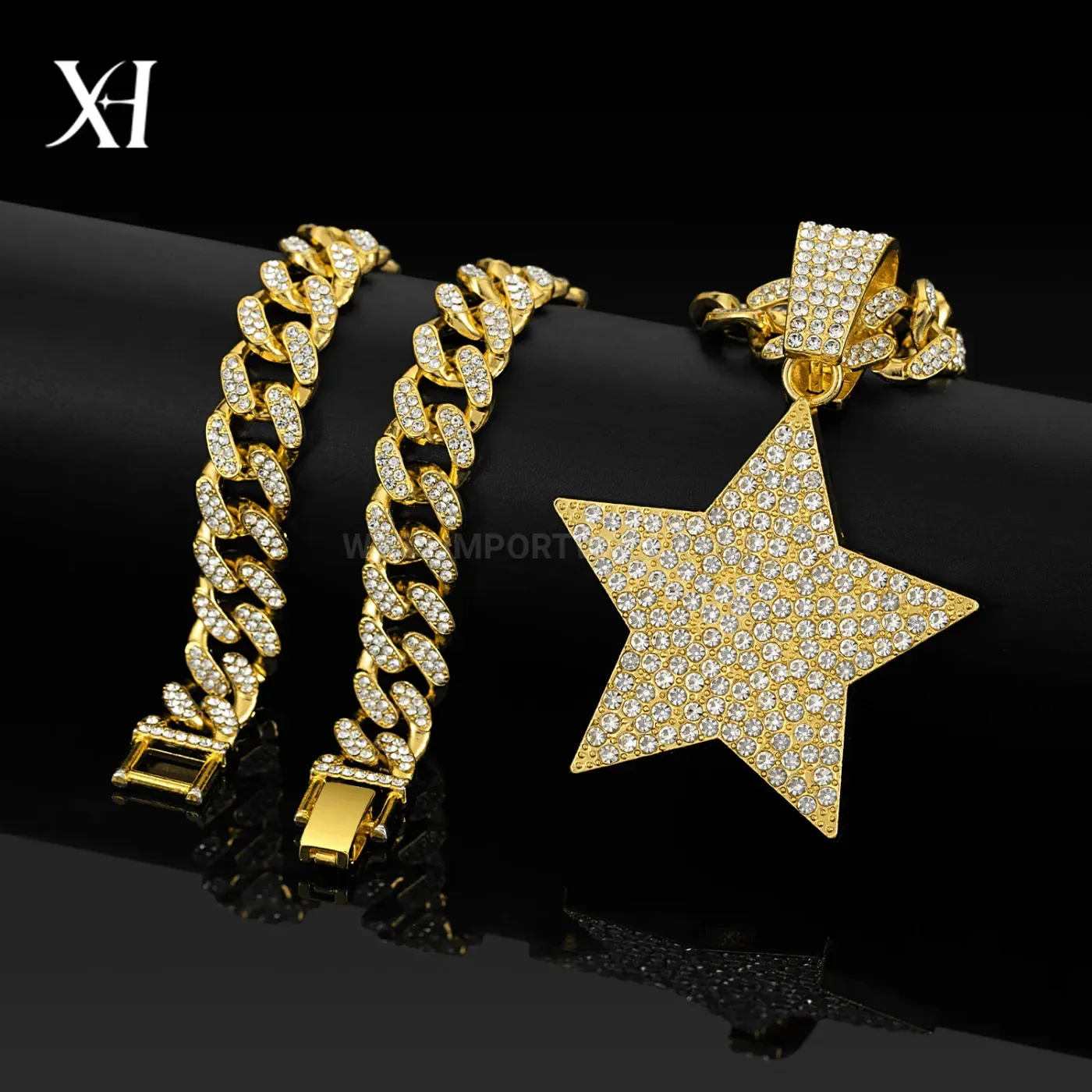 Premium Full Rhinestone Star Pendant Cuban Link Chain Necklace