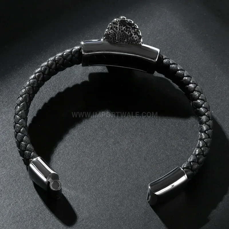 Premium Edgy Skull Stainless Steel Men Leather Cuff Bracelet