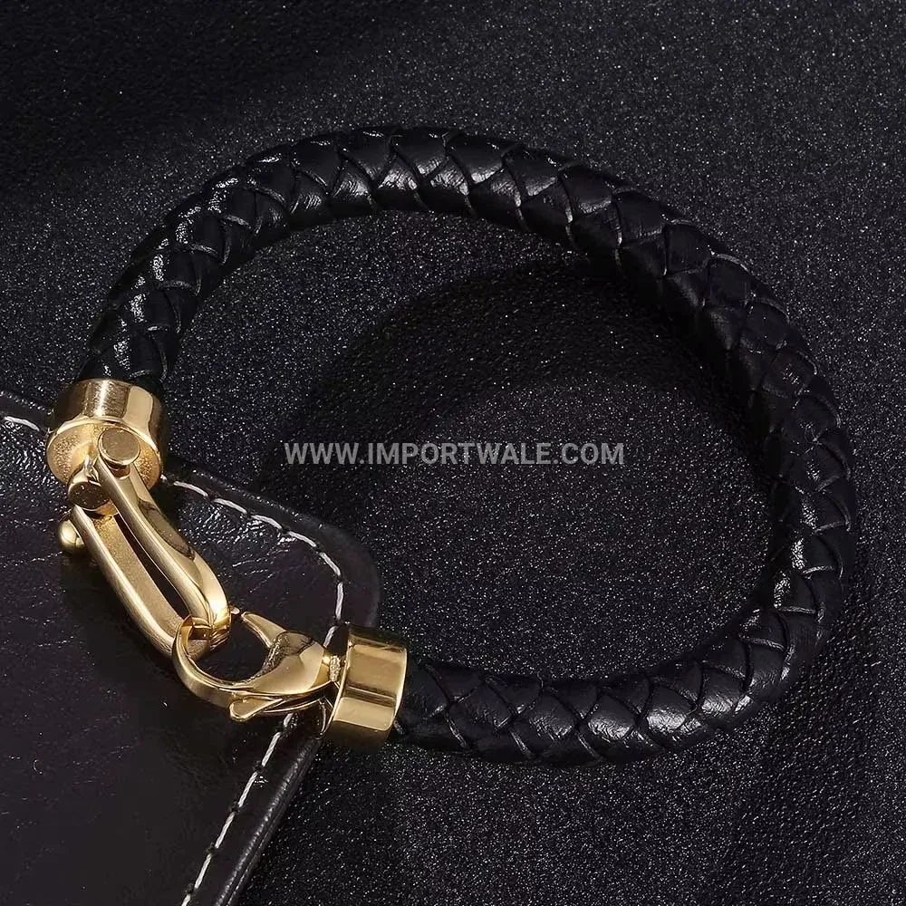 Gold Plated Stainless Steel Horseshoe Buckle Braided Leather Bracelet