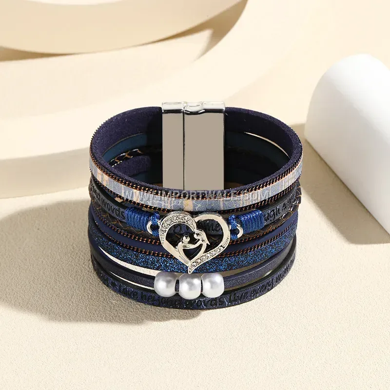 Engraved Leather Heart Pendant Pearl Bracelet with Magnetic Clasp