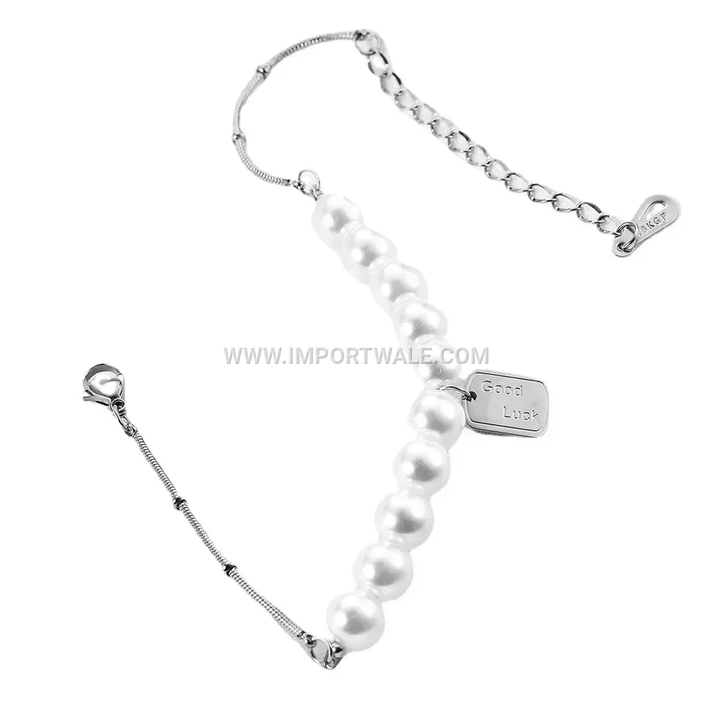 Good Luck Inscribed Faux Pearl Snake Chain Bracelet