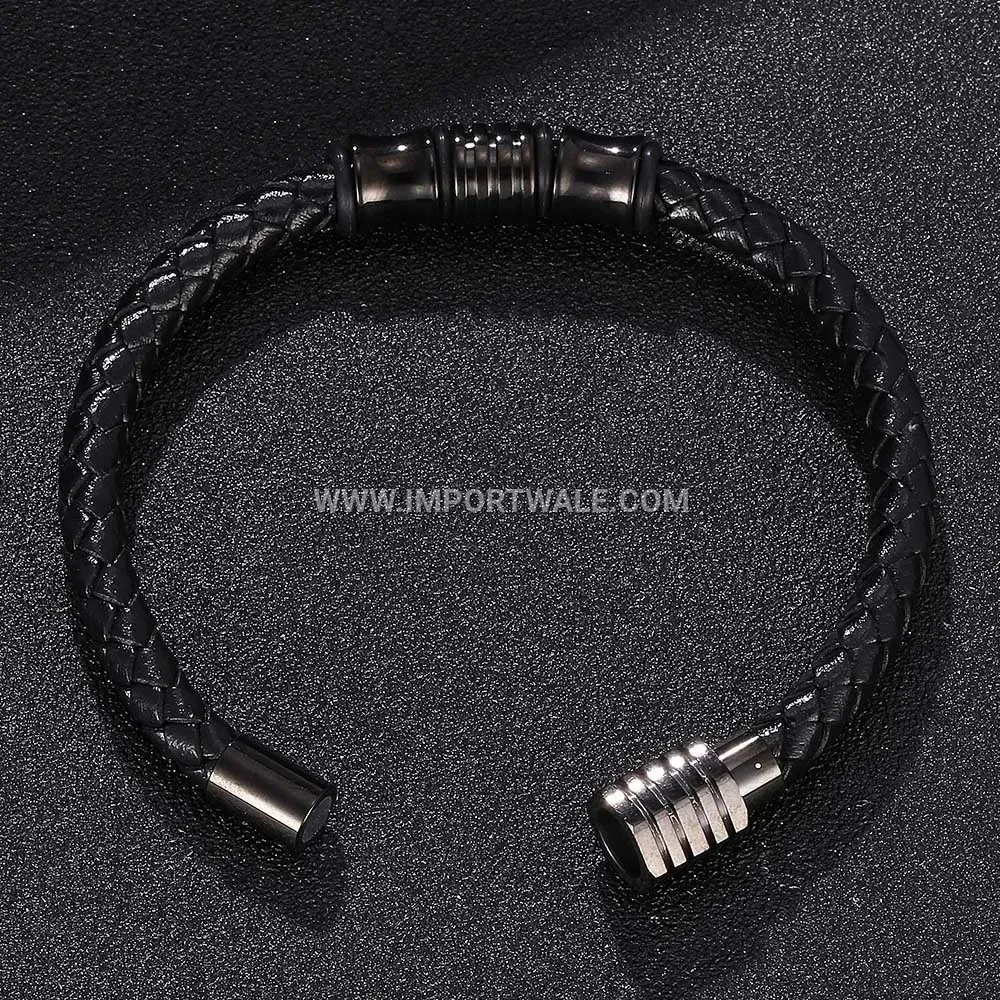 Woven Black Leather Wristband with Stainless Steel Magnetic Clasp