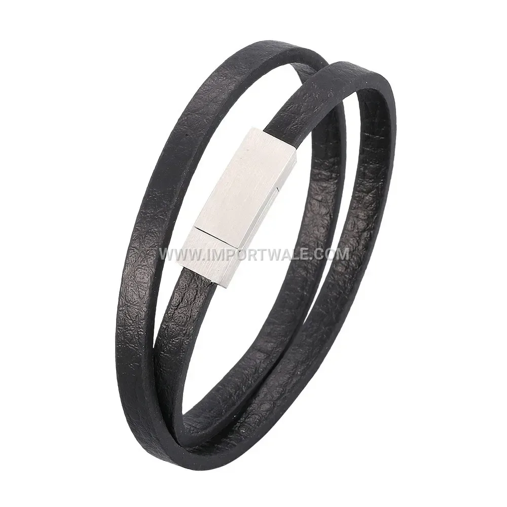 Multi Layer Black Leather Men Bracelet with Stainless Steel Accents