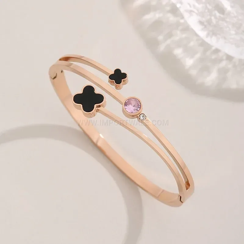 Classic Clover Flower Titanium Steel Crystal Hinged Bangle