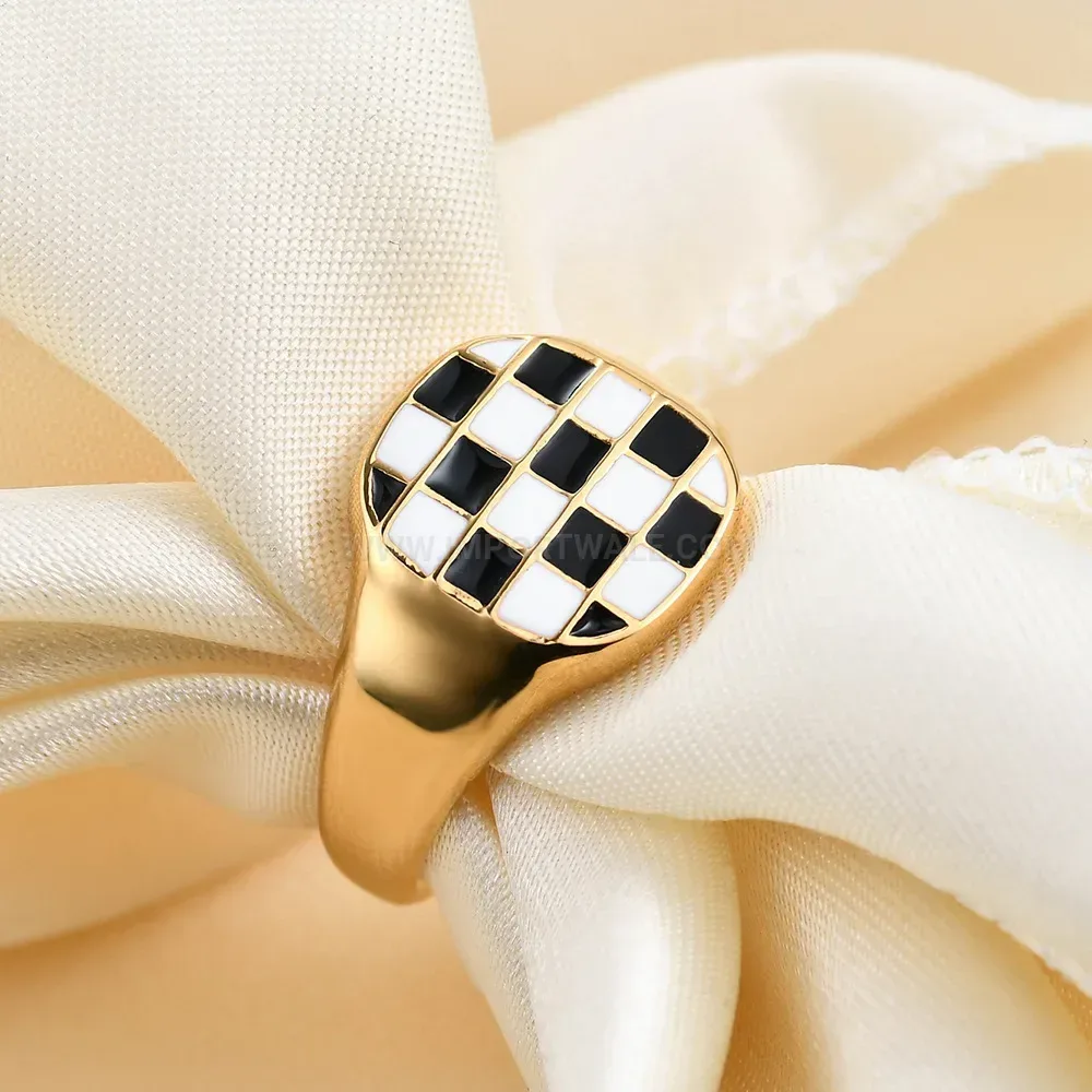 Wide Square Checkerboard Enamel Stainless Steel Ring