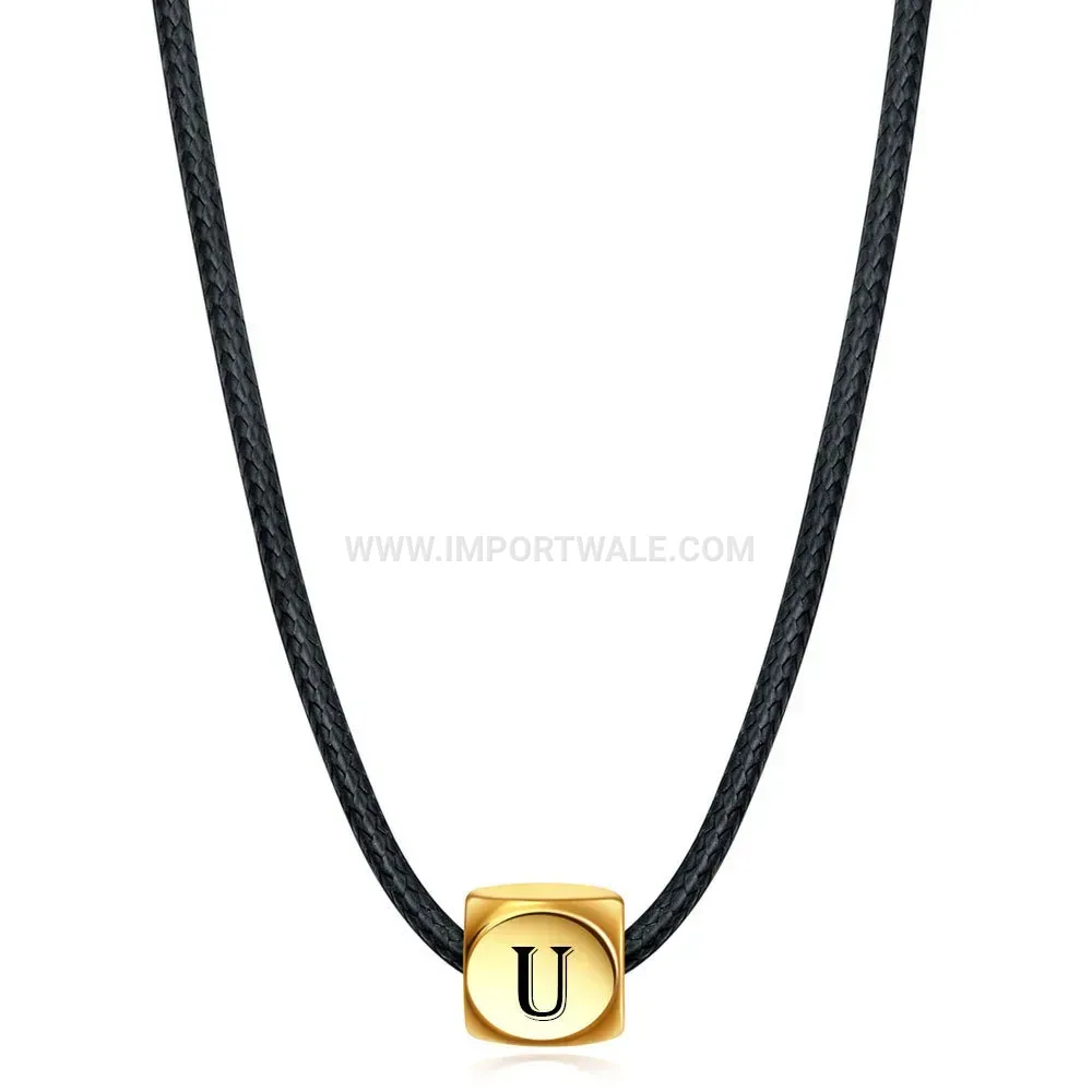 Stainless Steel Cube Initial Pendant Leather Cord Necklace