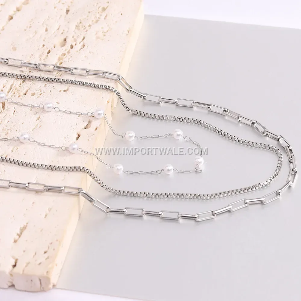 Layered Stainless Steel Chain Necklace with Pearl Accent