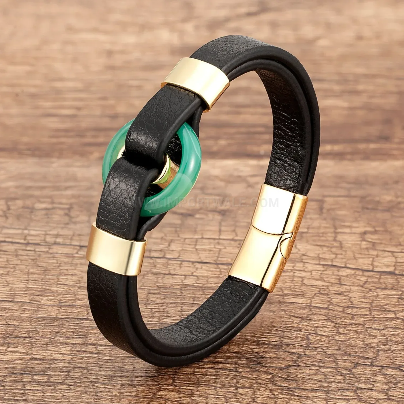 Beaded Natural Stone Leather Cord Wristband Stainless Steel Magnetic Clasp