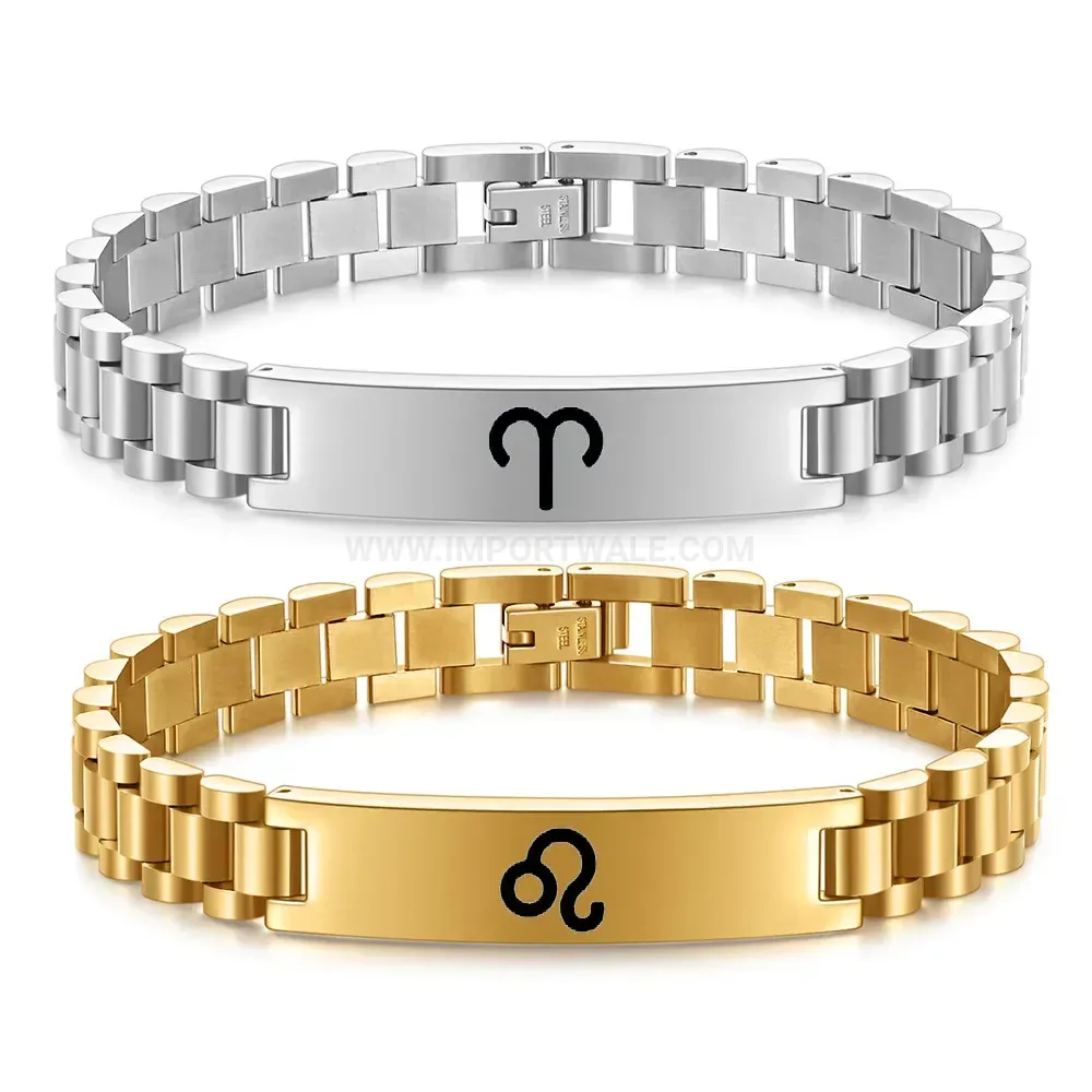 Men's Stainless Steel Zodiac Engraved Watch Band Bangle Bracelet