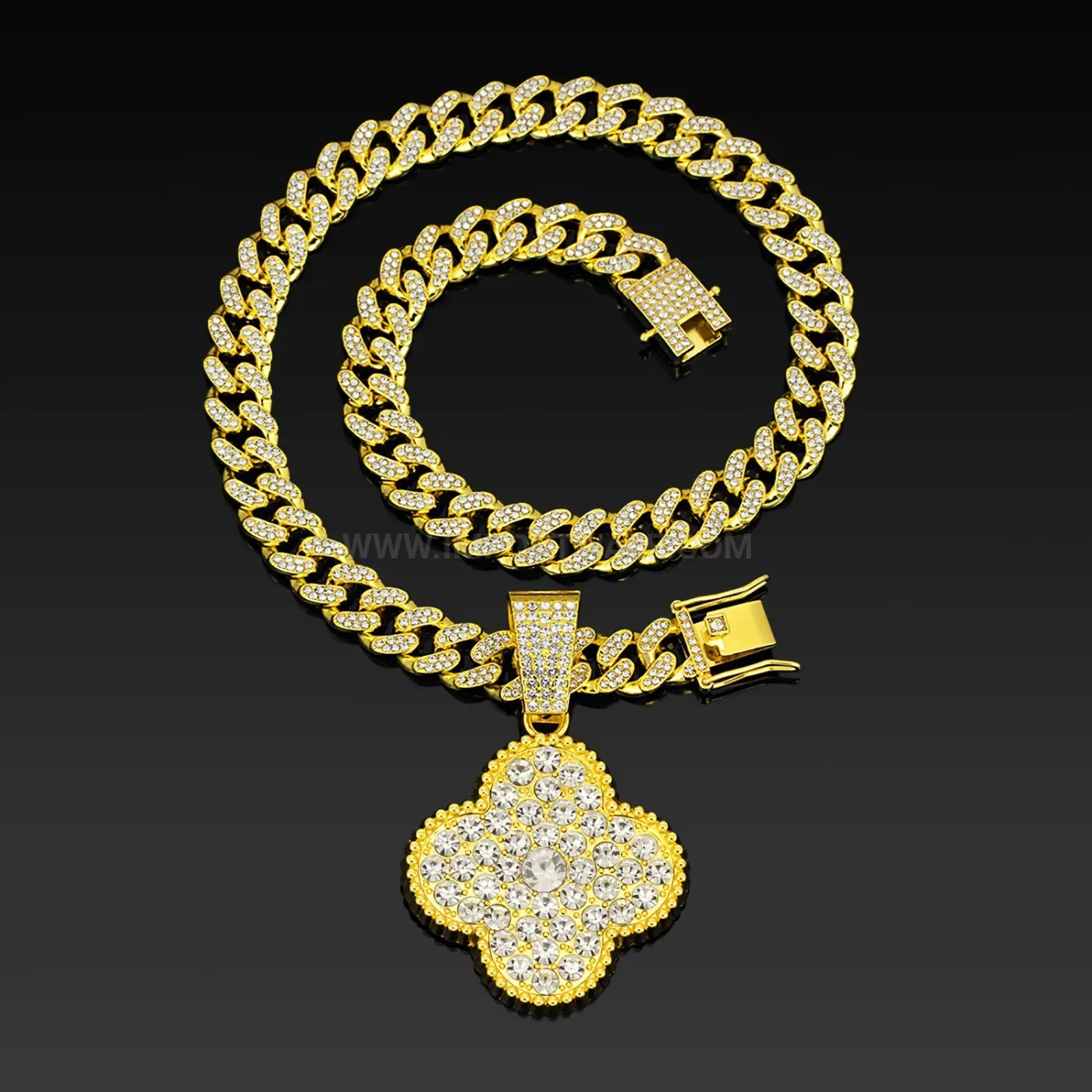 Rhinestone Four-Leaf Clover Alloy Hip Hop Pendant