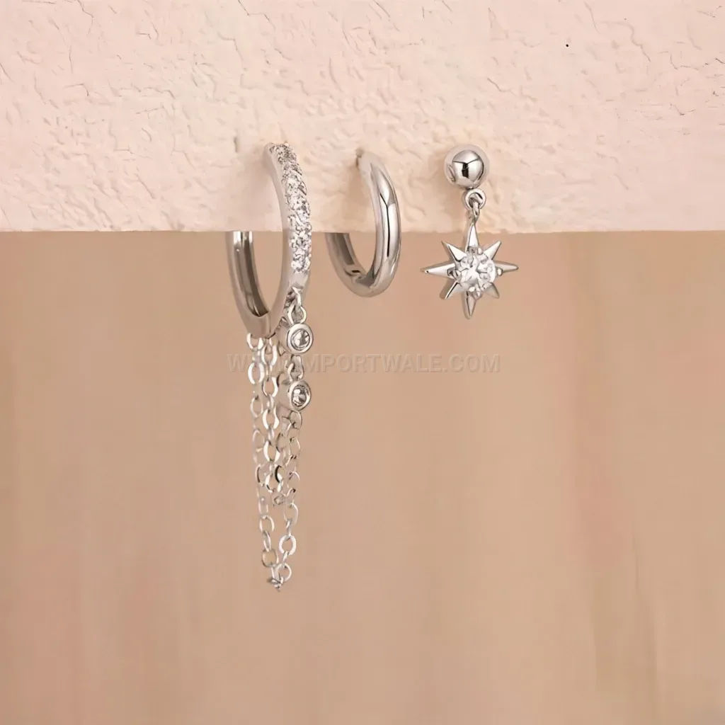 Elegant Stainless Steel Chain Hoop and Star Zircon Piercing Earring Set