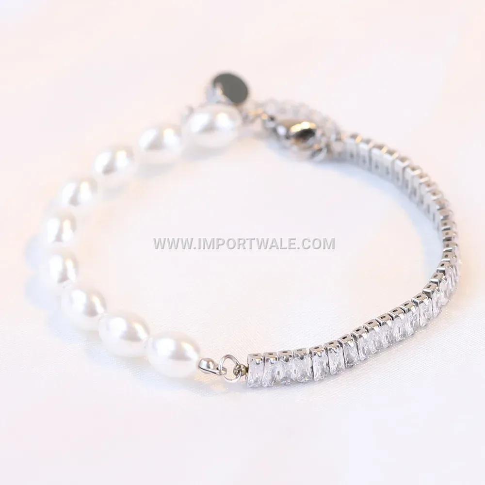 Faux Pearl Splice Stainless Steel Cubic Zirconia Bracelet