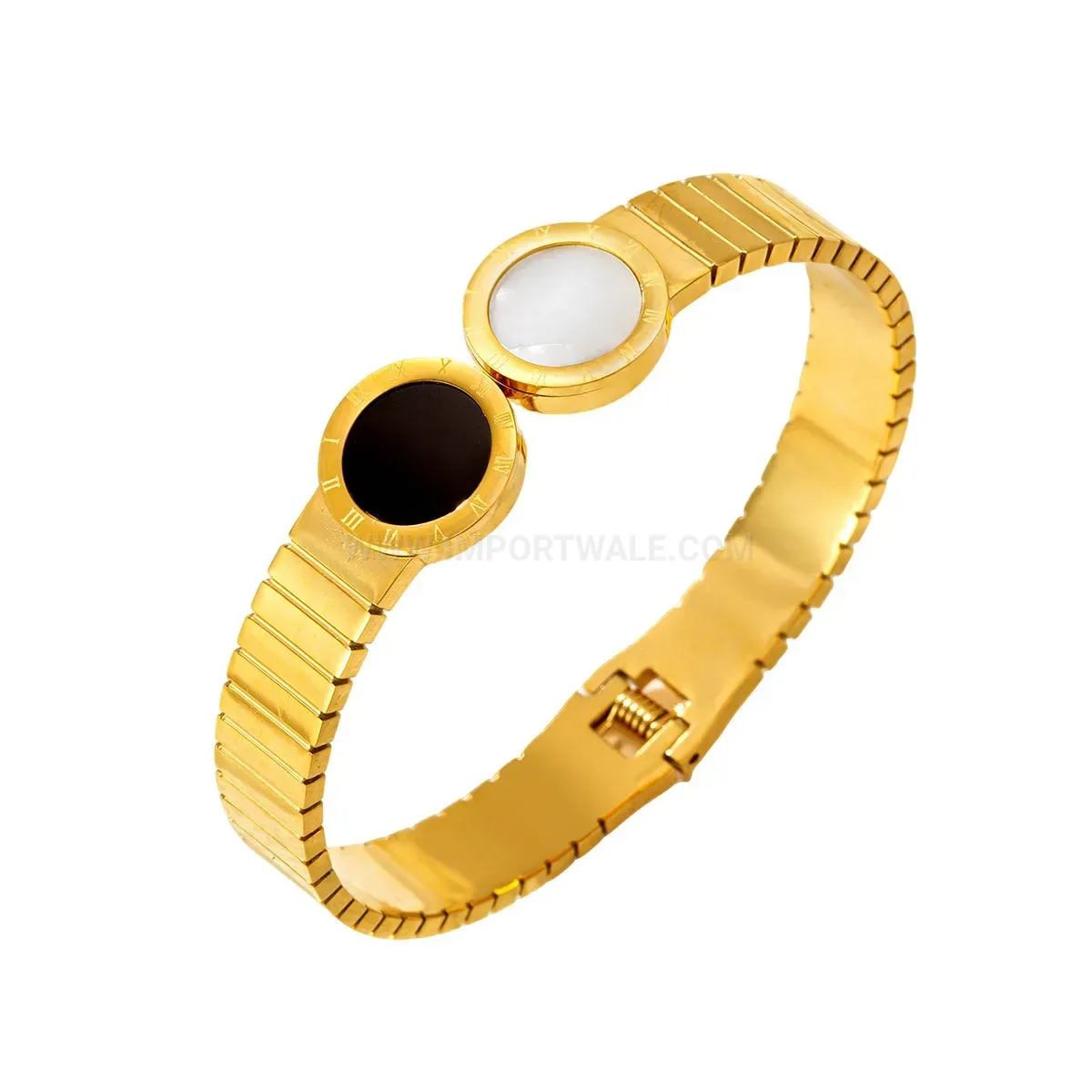 Modern Chunky Titanium Steel Spring Bangle with Black Round Medallion