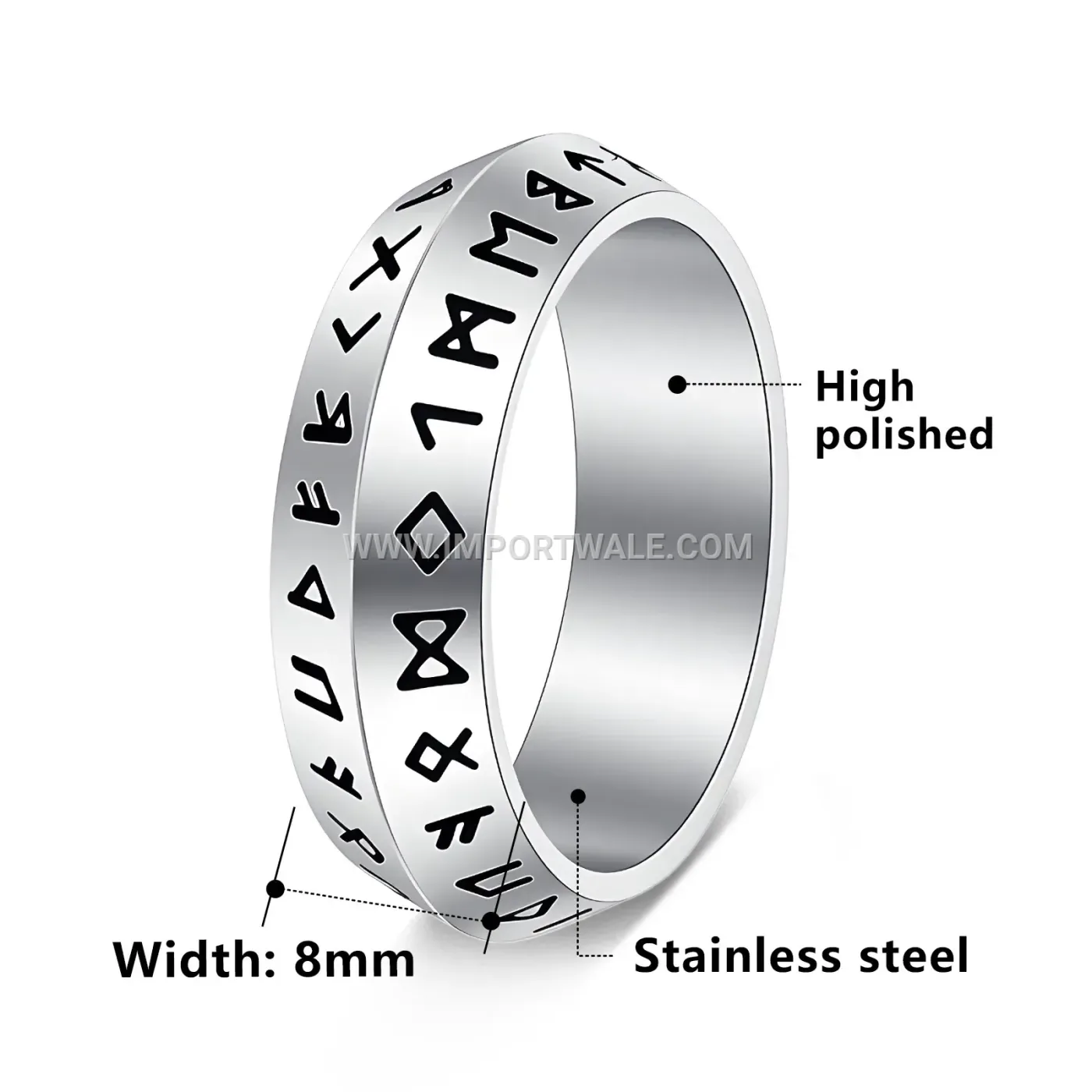 Viking Rune Stainless Steel Band Ring with Beveled Edge