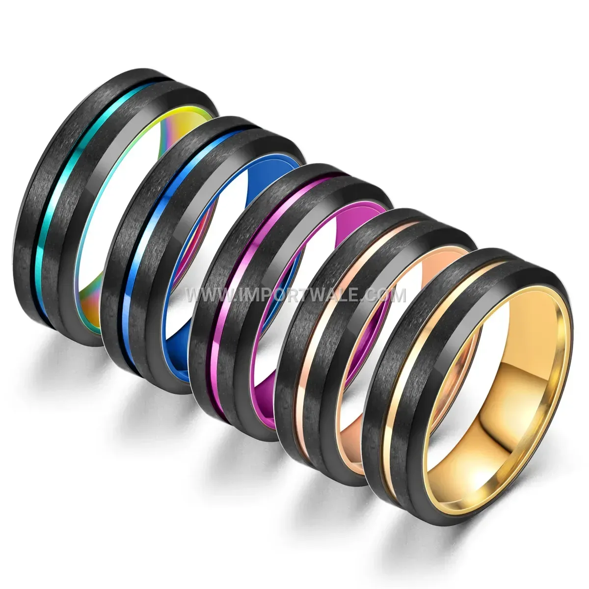 Two Tone Beveled Edge Black Stainless Steel Band Ring