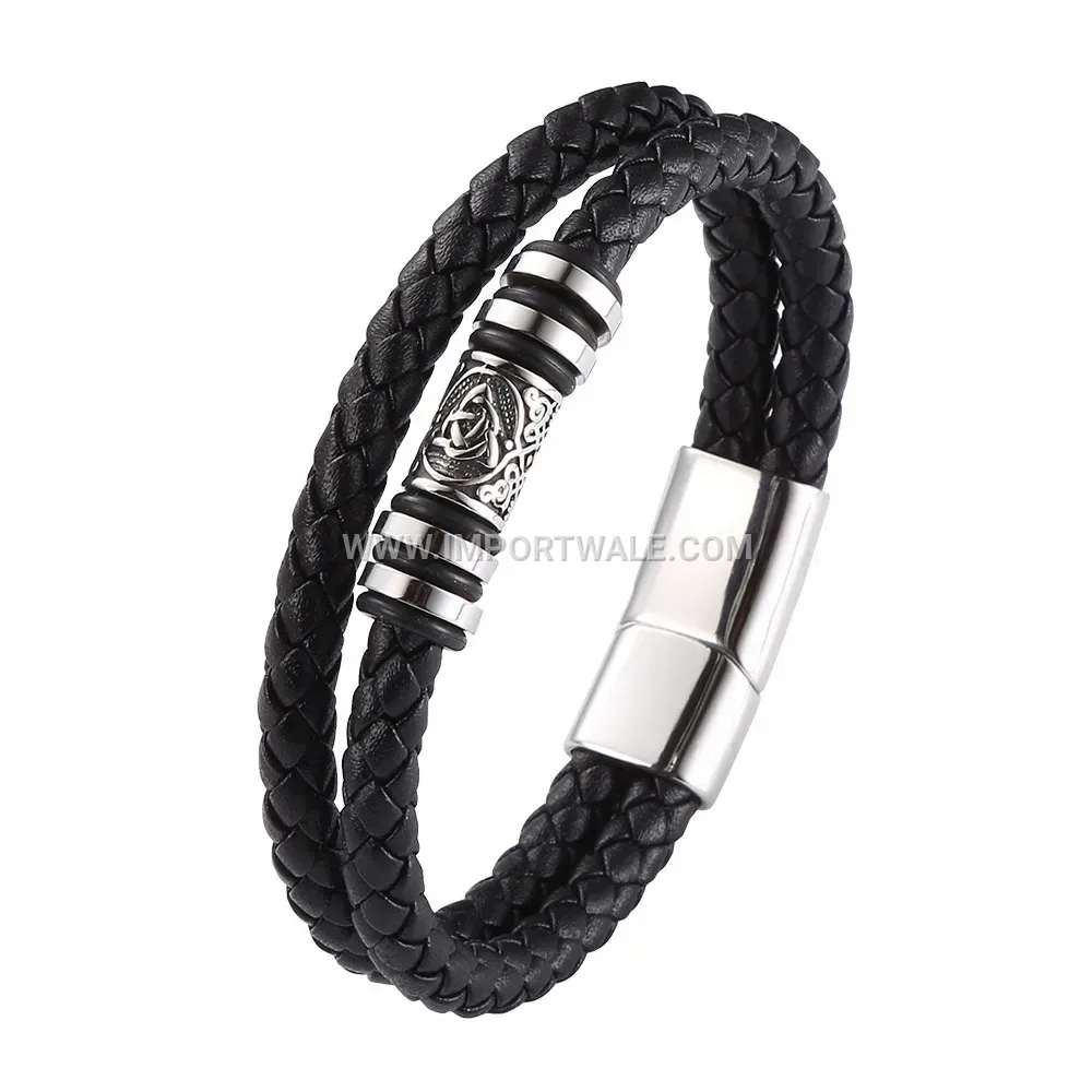 Engraved Stainless Steel Motif Braided Leather Wristband