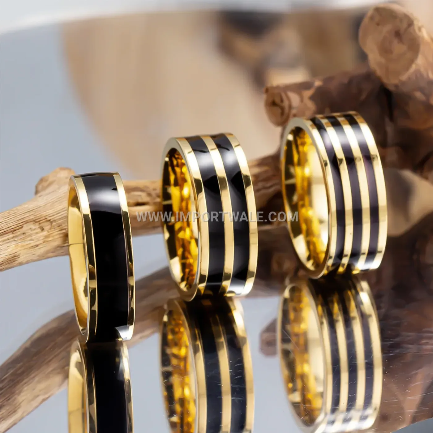 Gold-Plated Stainless Steel Black Enamel Inlay Ring