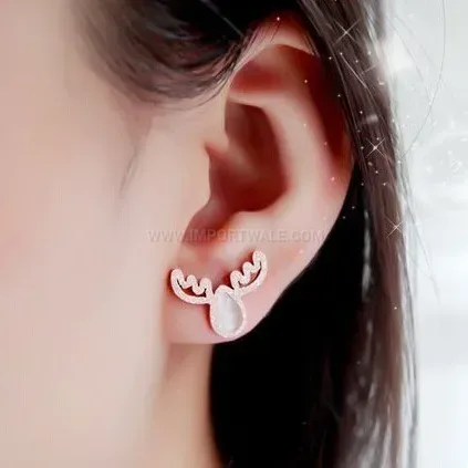 Designer Rose Gold Antler Cat Eye Stone Stainless Steel Stud Earrings