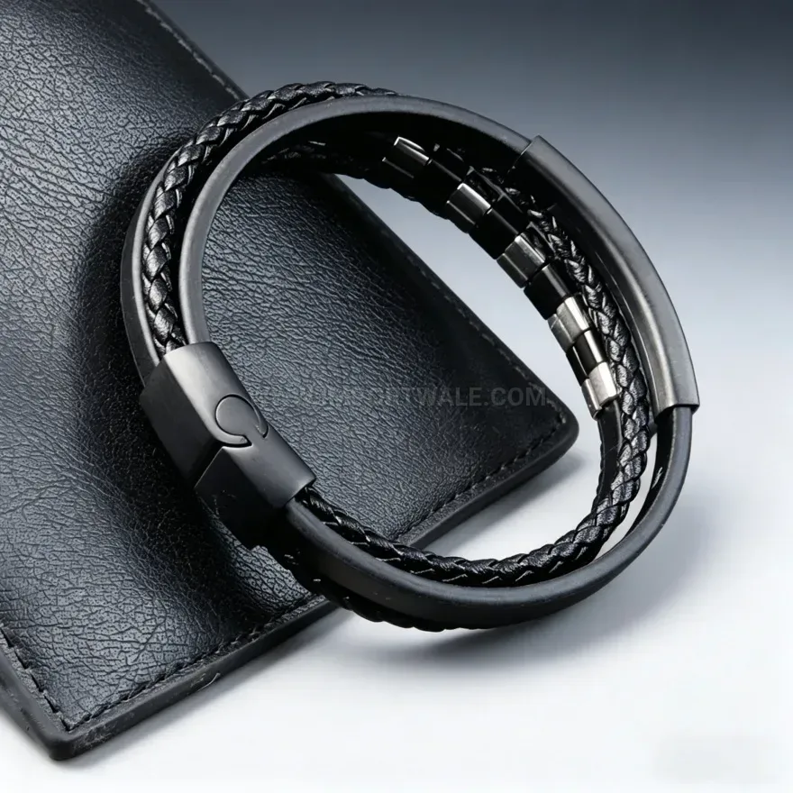 Modern Double Layer Black Braided Leather Bracelet with Black Clasp