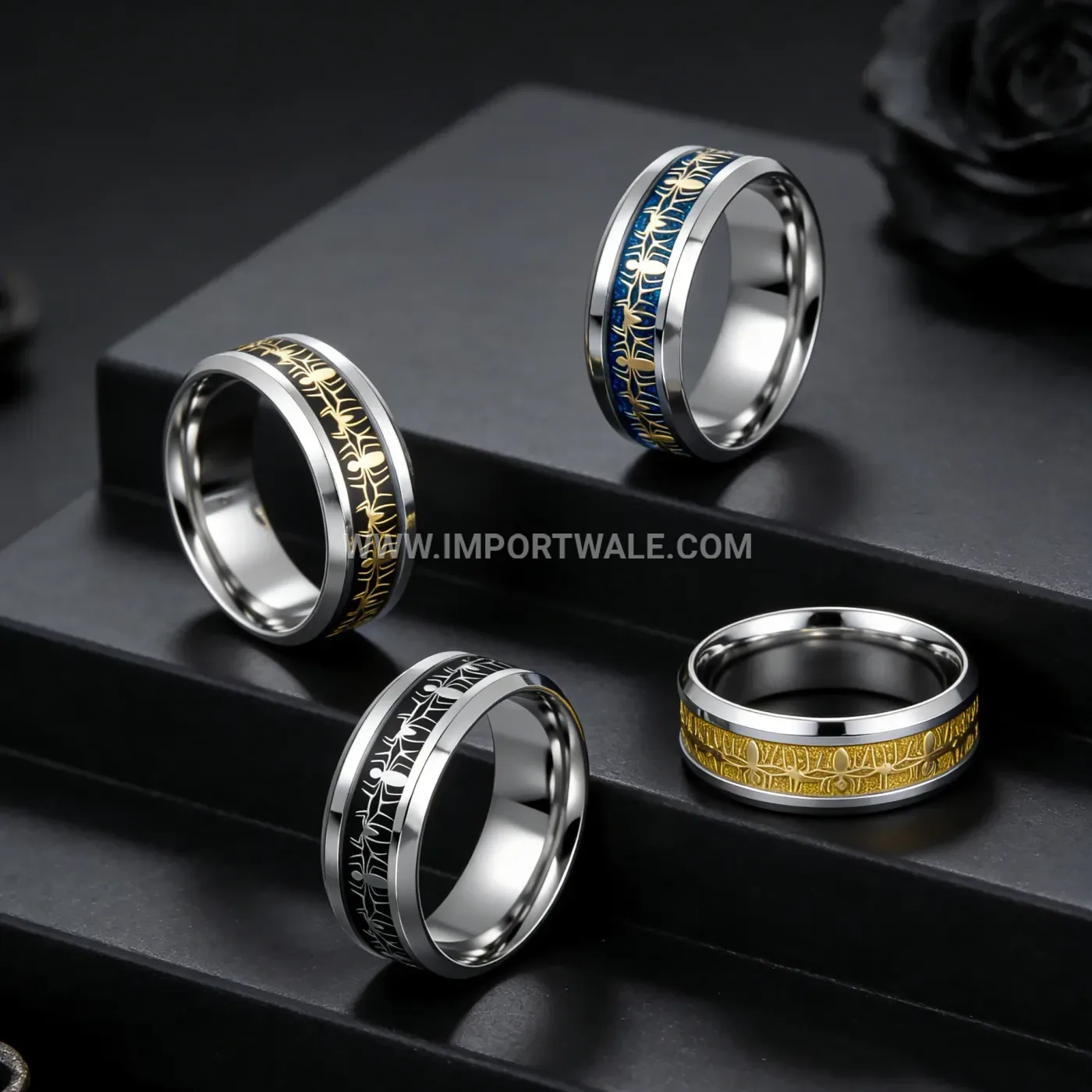 Distressed Stainless Steel Spider Motif Band Ring