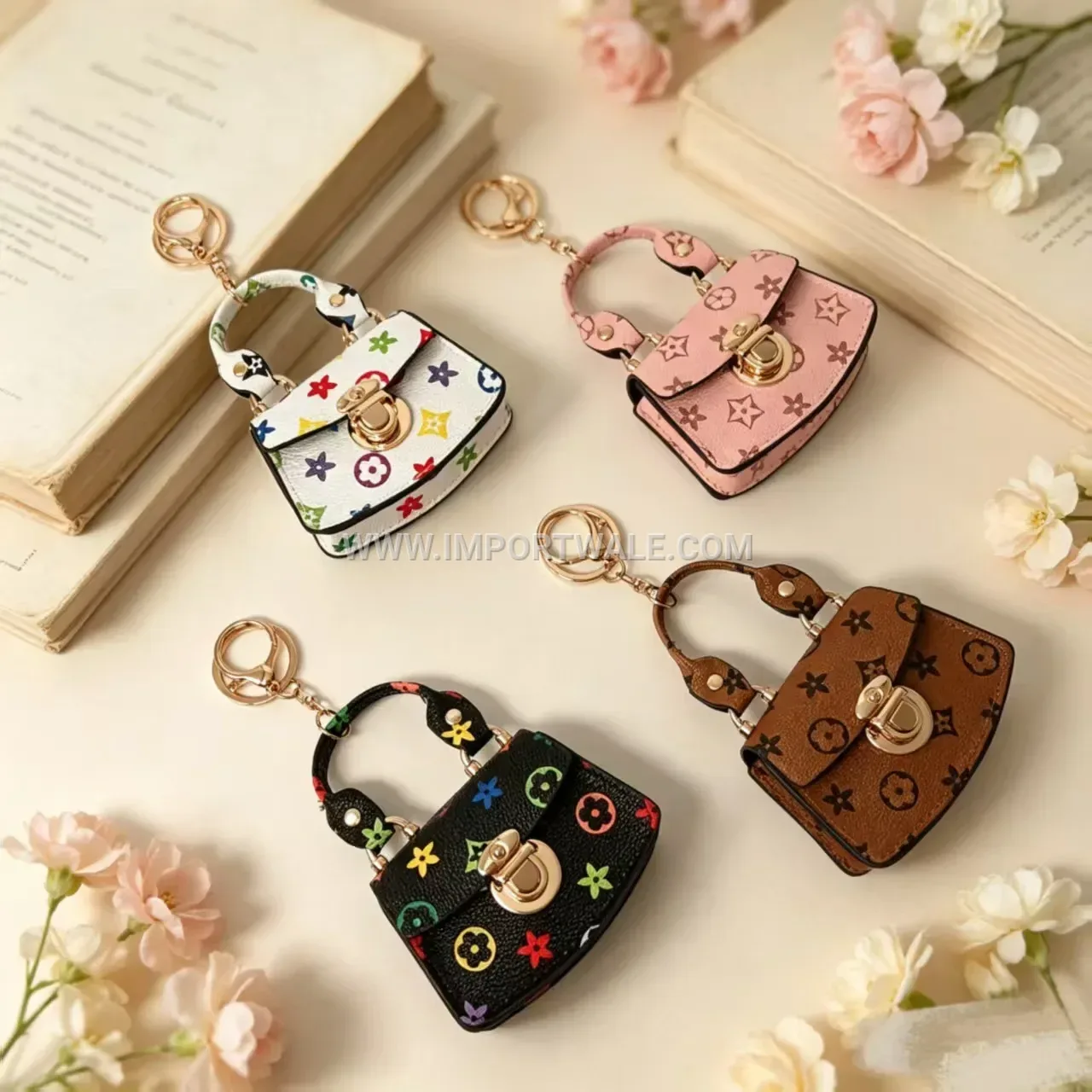 Printed Fan Shaped Mini PU Leather Handbag Keychain
