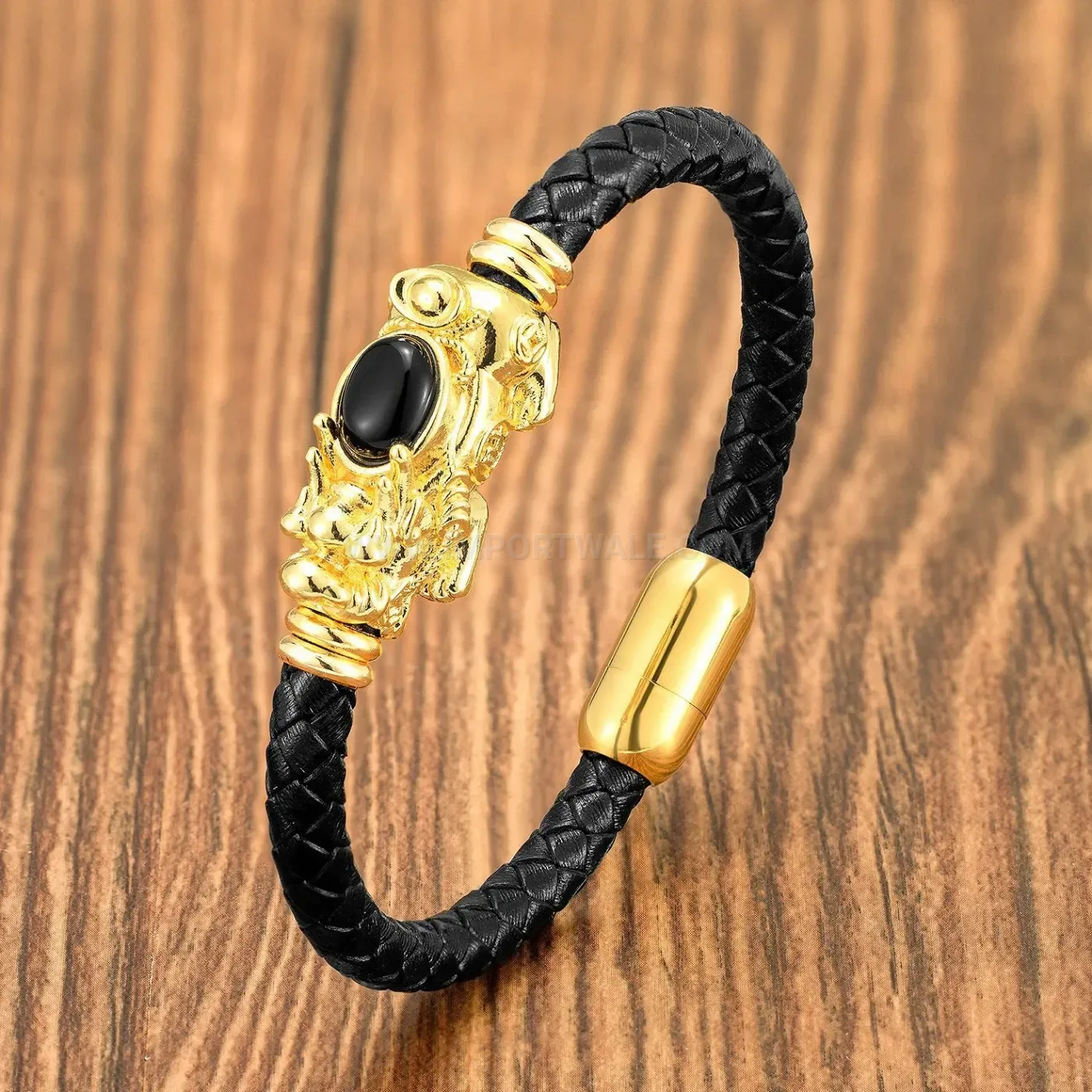 Retro Pixiu Leather and Natural Stone Bracelet with Stainless Steel Clasp