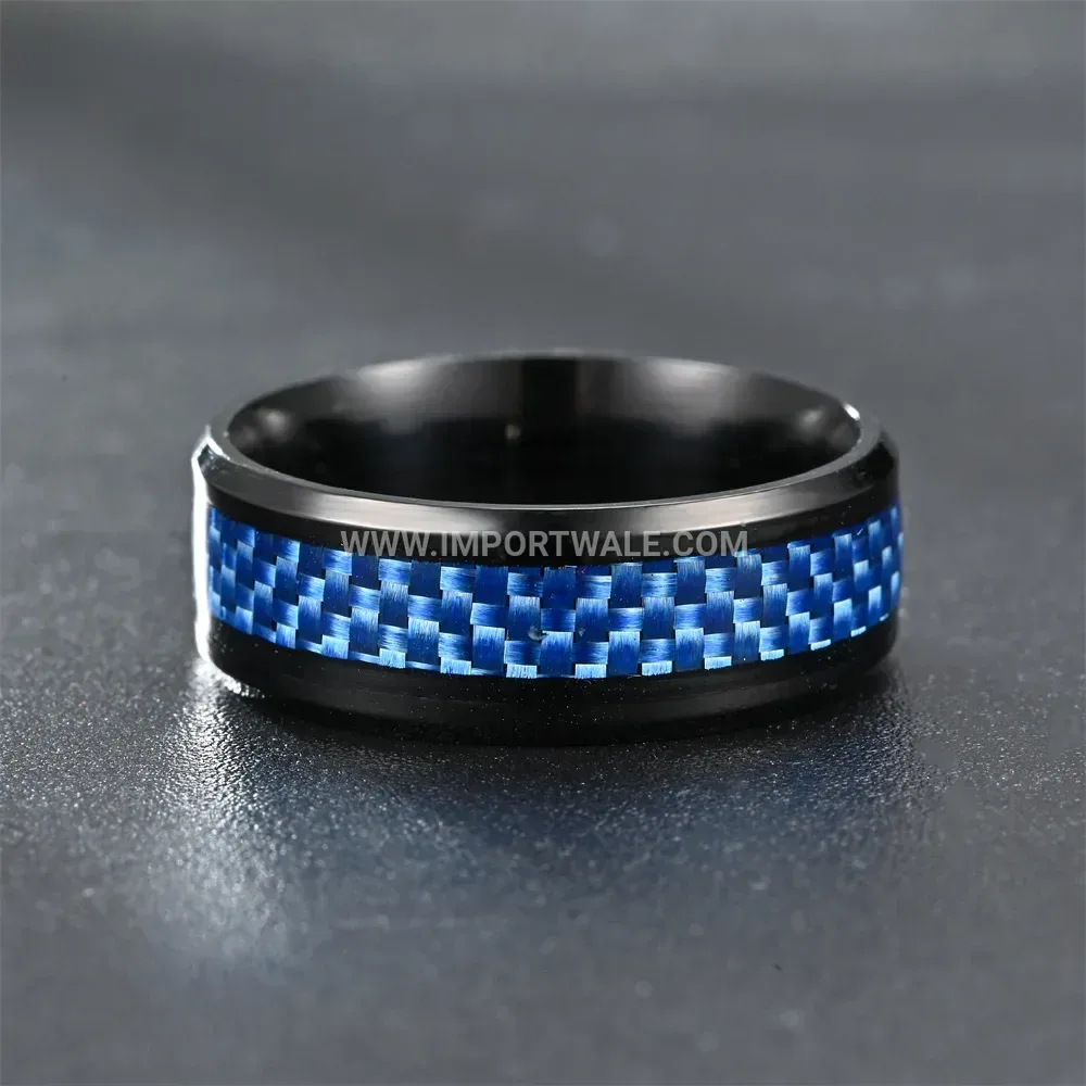 Black Stainless Steel Band Ring with Blue Carbon Fiber Inlay