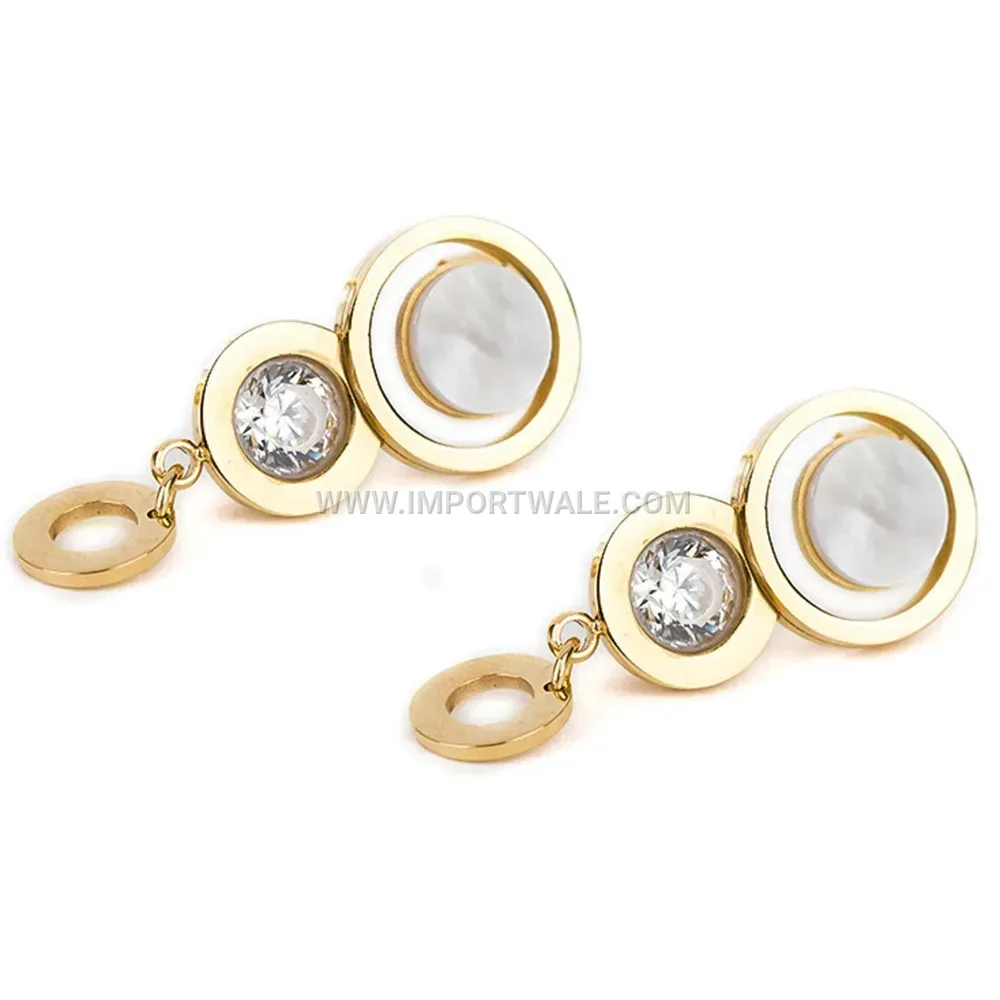 Stainless Steel Cutout Teardrop Earrings with Shell Accent and Rhinestones