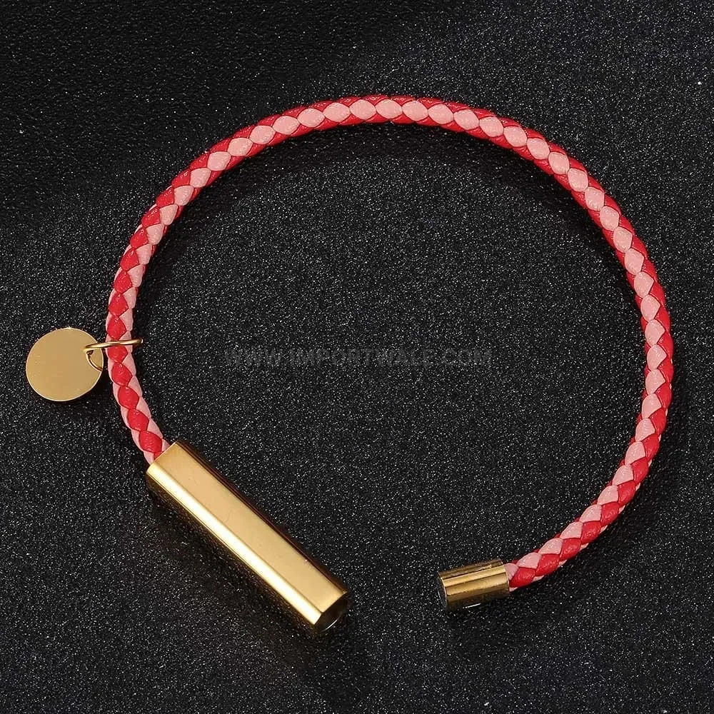 Gold-Plated Magnetic Clasp Braided Leather Tag Bracelet