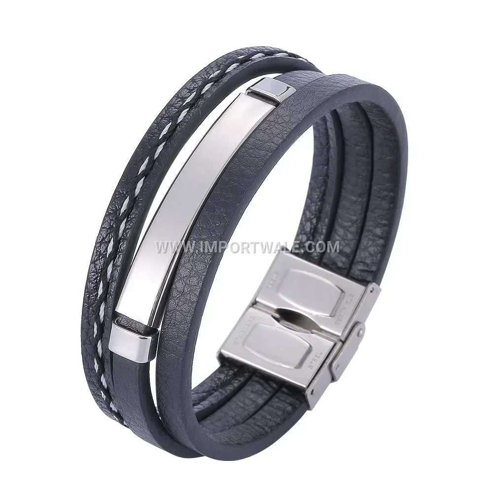 Minimalist Stainless Steel Leather Accent Men Bangle Bracelet