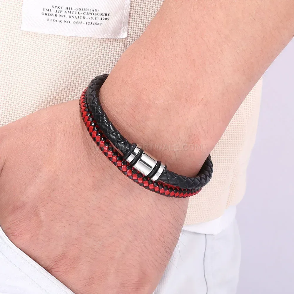 Dual Tone Braided Leather Bracelet with Magnetic Stainless Steel Clasp