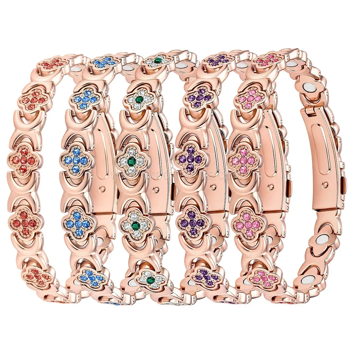 Classic Rose Gold Red Copper Four-Leaf Clover Rhinestone Magnetic Bracelet